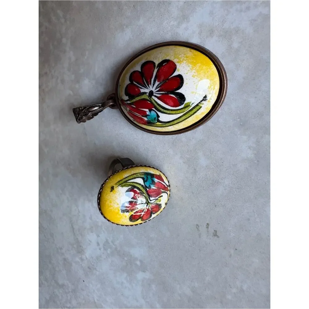 Vintage Hand Painted Floral Ceramic Jewelry Set Ring Pendant Yellow Red